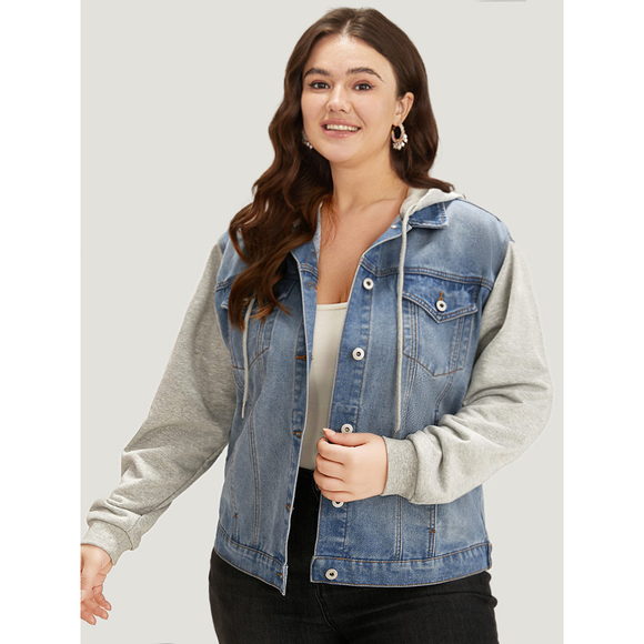 Hooded Patchwork Flap Pocket Denim Jacket - Picture 1 of 3